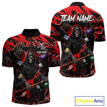Load image into Gallery viewer, Red grim reaper lightning 8 ball billiard quarter zip shirt for men designed for league tournaments and team events.