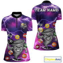 Load image into Gallery viewer, Purple 8 ball and 9 ball tornado billiard quarter zip shirt for women designed for league tournaments and team events.