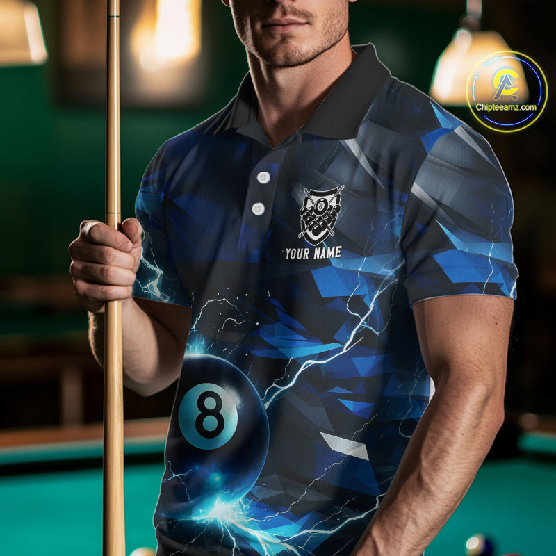 Blue 8 Ball Pool Thunder Lightning Billiard Shirt For Men Custom Billiard League Team Jerseys TDM4373
