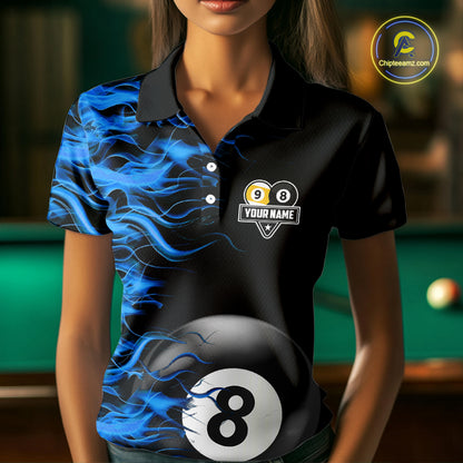 Blue Flaming 8 Ball & 9 Ball Billiard Shirt For Women Custom Pool Team Jersey Polo & 1/4 Zip TDM4377