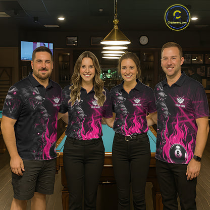 Front View of a Pool Team Wearing Personalized Pink Wolf Flaming 8 Ball Pool Fire Jerseys