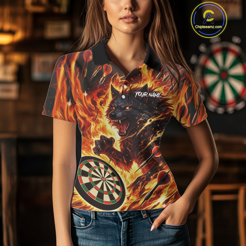 Orange Flaming Wolf Dartboard Jersey For Women Custom Darts League Team Shirt Polo & Quarter Zip TDM5022