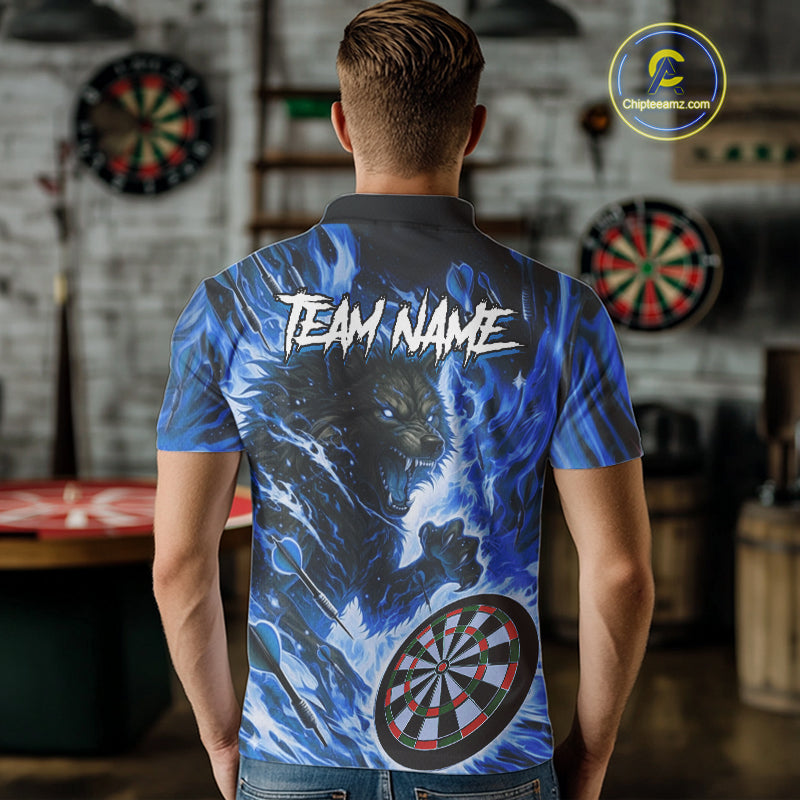 Blue Flaming Wolf Dartboard Jersey For Men Custom Darts League Team Shirt Polo & Quarter Zip TDM5023