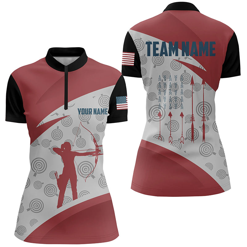 Personalized Archery Jerseys Red Silhouette Women Quarter-Zip Shirts Gifts For Archery Team  TDM0605