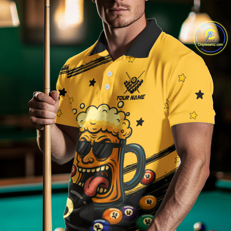 Personalized Yellow Black Funny Beer 8 Ball Billiard Shirt For Men Custom Pool Team Jersey TDM5236