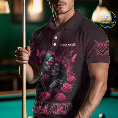 Customized Skeleton And Roses Gothic Romance Billiard Shirt For Men, Valentine 8 Ball Pool Jersey TDM5749
