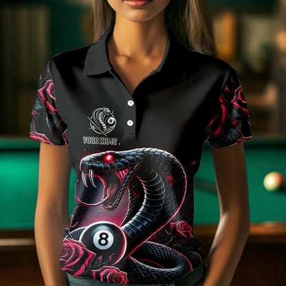 Personalized Rose 8 Ball Pool Cobra Snake Billiard Shirts For Women, Billiard Jerseys Polo & 1/4 Zip TDM3748