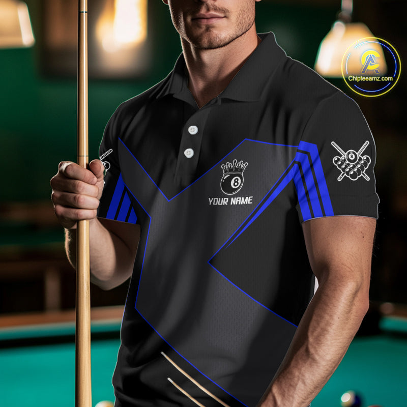Personalized Blue Black 8 Ball Pool Shirt For Men Custom Billiard League Team Jersey Polo, 1/4 Zip TDM4226
