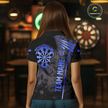 Load image into Gallery viewer, Back view of woman wearing a blue grunge dartboard darts shirt.