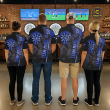 Load image into Gallery viewer, Back view of darts players wearing matching blue grunge dartboard darts shirts.
