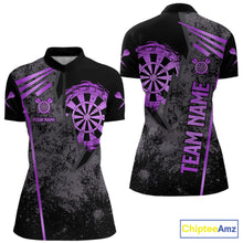 Load image into Gallery viewer, Purple grunge dartboard darts quarter zip shirt for women designed for league tournaments and team events.