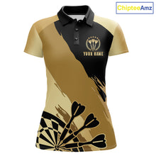 Load image into Gallery viewer, Black and gold dartboard crown darts polo shirt for women with custom darts league team graphics.