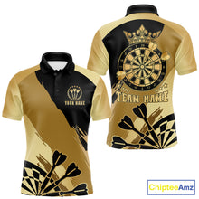 Load image into Gallery viewer, Black and gold dartboard crown darts polo shirt for men with custom darts league team graphics.