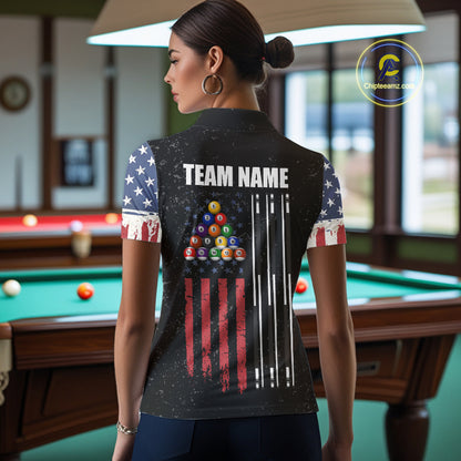 Personalized Grunge American Flag Women's Billiard Shirt, Patriotic Pool Team Shirt Polo & 1/4 Zip TDM5242