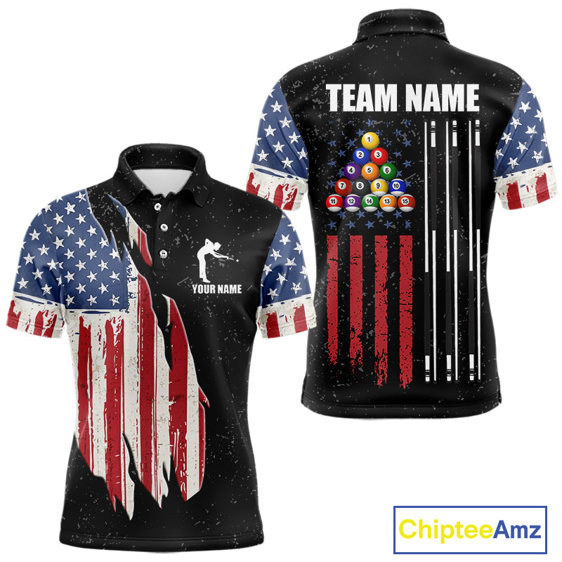 Personalized Grunge American Flag Men's Billiard Shirt, Patriotic Pool Team Shirt Polo & 1/4 Zip TDM5242