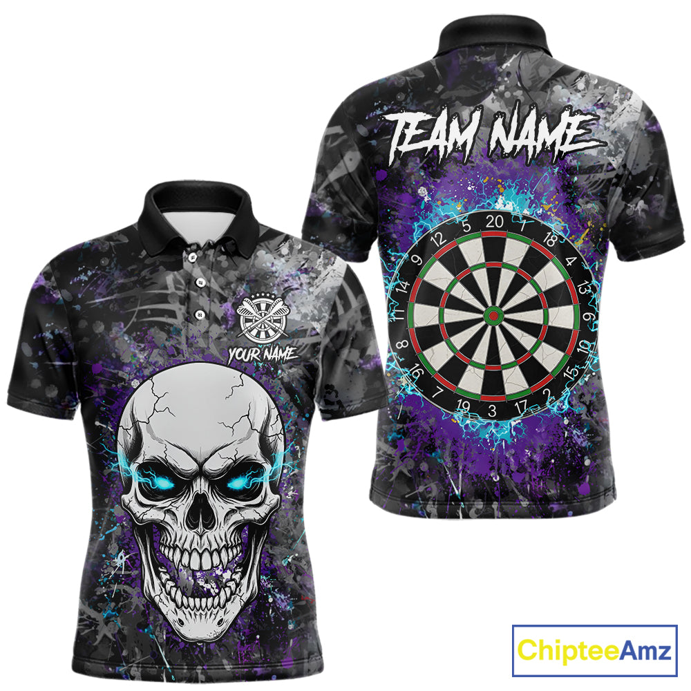 Blue Purple Grunge Skull Darts Polo & 1/4 Zip For Men Custom Darts Team Jersey, Funny Darts Gifts TDM5504