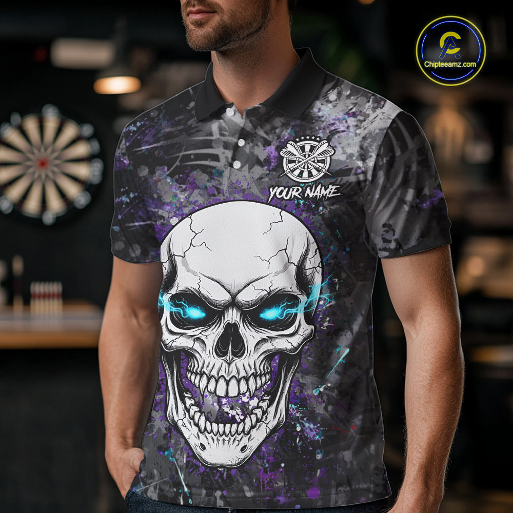 Blue Purple Grunge Skull Darts Polo & 1/4 Zip For Men Custom Darts Team Jersey, Funny Darts Gifts TDM5504