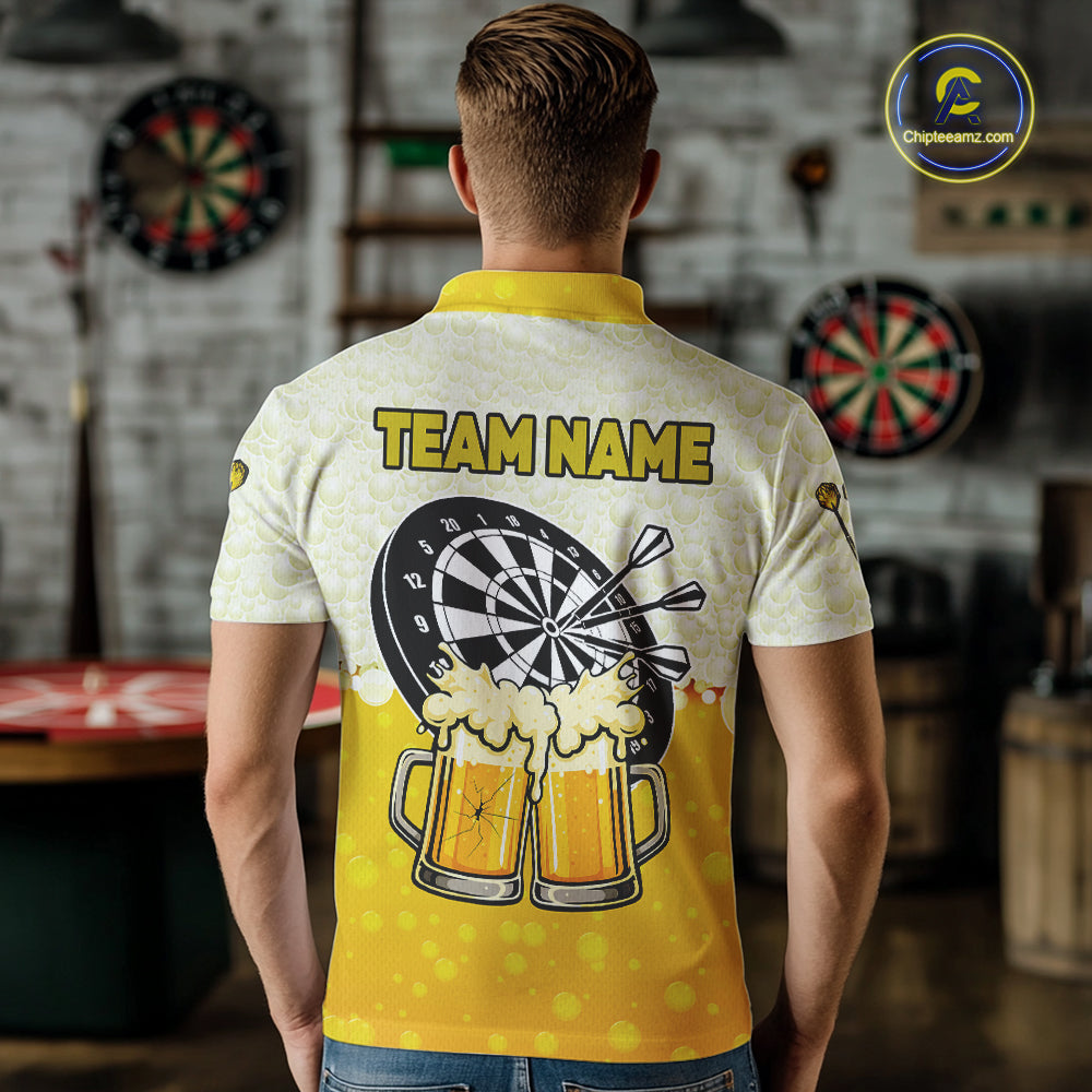 Personalized Yellow Funny Darts And Beer Men's Dart Shirts, Darts Team Jersey Polo & 1/4 Zip TDM5509