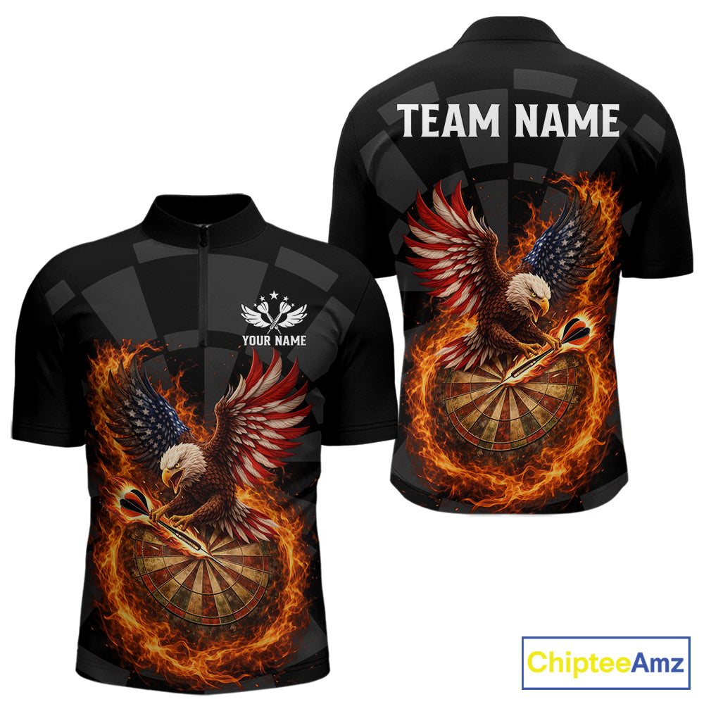 Personalized Fire Flame US Flag Eagle Darts Shirt For Men Custom Darts Jersey Team Polo & 1/4 Zip TDM5760