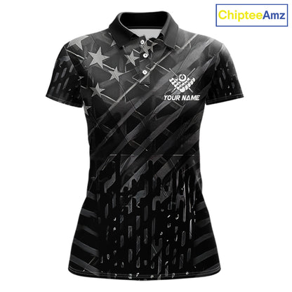 Black US Flag 8 Ball Fire Billiard Shirt For Women Custom Billiard Team Jersey Polo & 1/4 Zip TDM6122