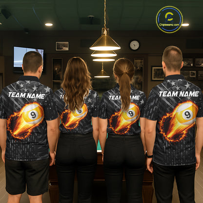 Black US Flag 9 Ball Fire Billiard Shirt For Women Custom Billiard Team Jersey Polo & 1/4 Zip TDM6123