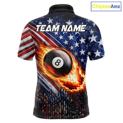 American Flag Fire 8 Ball Pool Billiard Shirt For Men Custom Billiard Team Jersey Polo & 1/4 Zip TDM6124