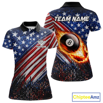 American Flag Fire 8 Ball Pool Billiard Shirt For Women Custom Billiard Team Jersey Polo & 1/4 Zip TDM6124