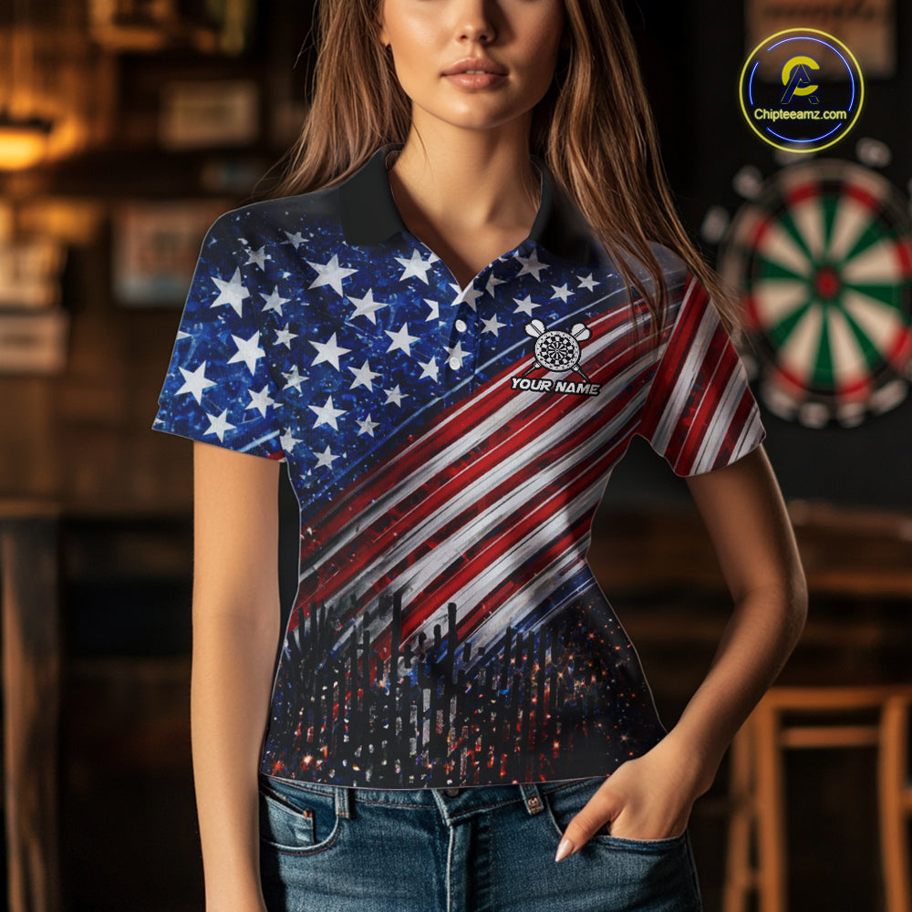American Flag Fire Flame Darts Shirt For Women Custom Patriotic Darts Jersey Team Polo & 1/4 Zip TDM6125