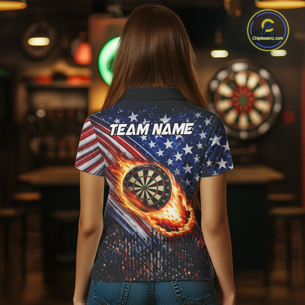 American Flag Fire Flame Darts Shirt For Women Custom Patriotic Darts Jersey Team Polo & 1/4 Zip TDM6125