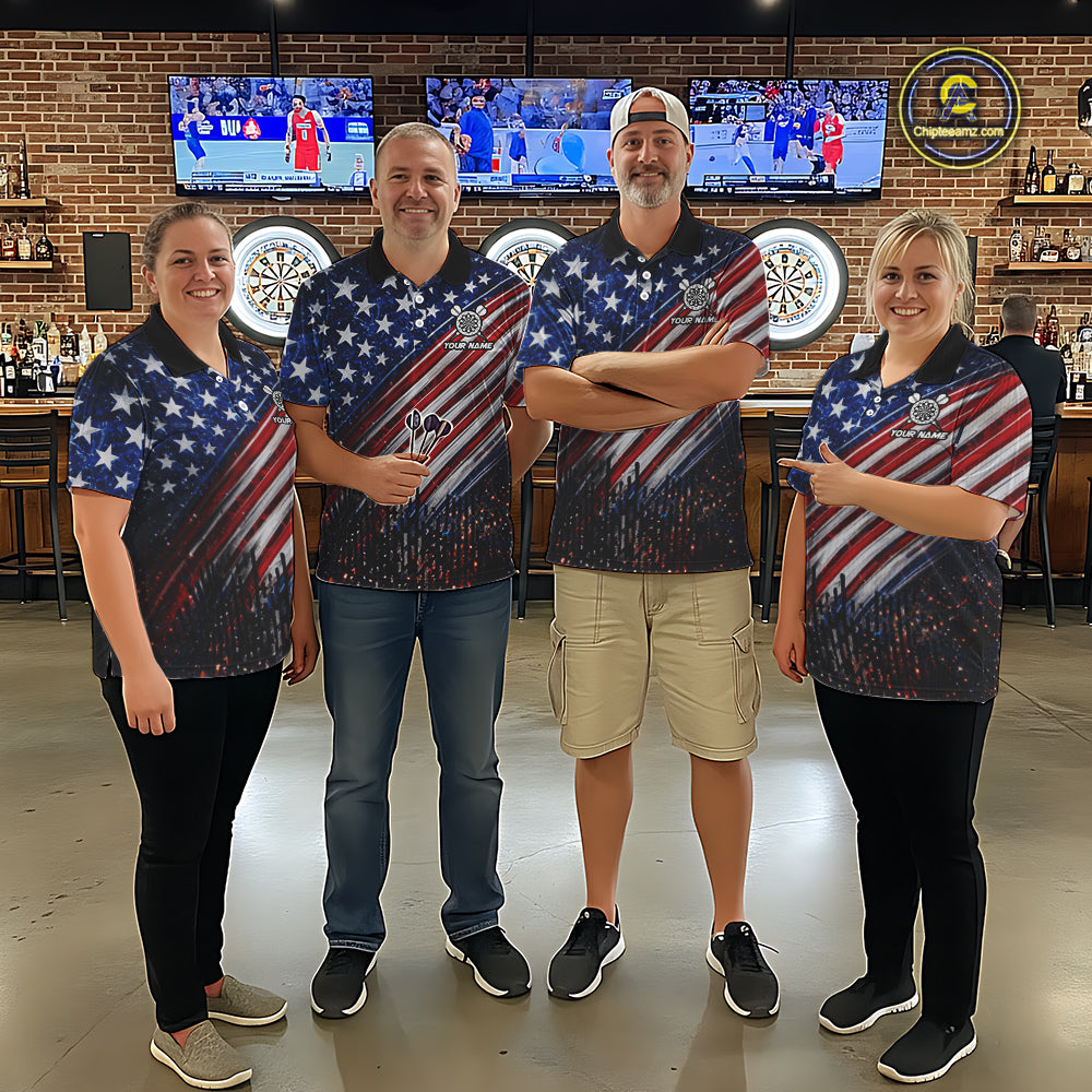 American Flag Fire Flame Darts Shirt For Men Custom Patriotic Darts Jersey Team Polo & 1/4 Zip TDM6125
