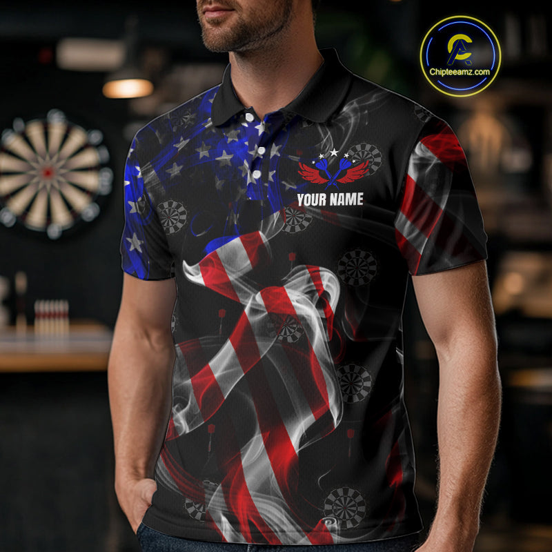 Custom Men's Dart Shirt With Pocket Option, US Flag Smoke Darts Team Jersey TDM4029