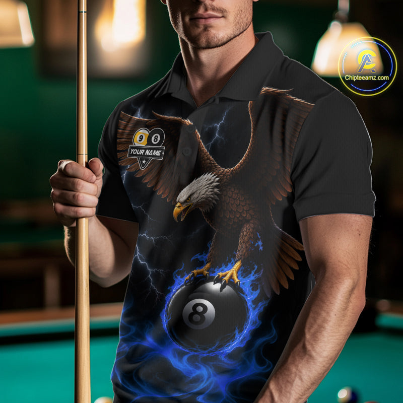 Blue Flaming Eagle 8 Ball & 9 Ball Billiard Shirts For Men Custom Pool Team Jersey Polo & 1/4 Zip TDM6561