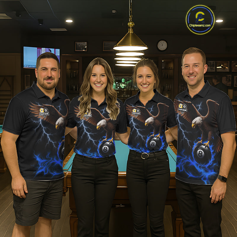 Blue Flaming Eagle 8 Ball & 9 Ball Billiard Shirts For Men Custom Pool Team Jersey Polo & 1/4 Zip TDM6561