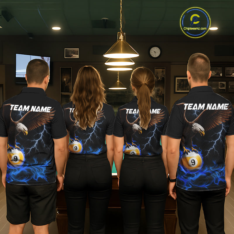 Blue Flaming Eagle 8 Ball & 9 Ball Billiard Shirts For Men Custom Pool Team Jersey Polo & 1/4 Zip TDM6561