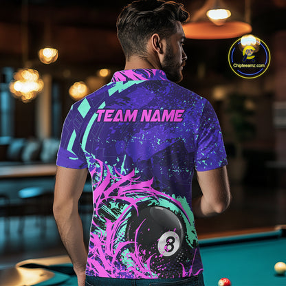 Personalized 8 Ball Billiard Shirt For Men | Neon Purple, Pink & Teal Paint Funny Pool Team Jersey TDM4232