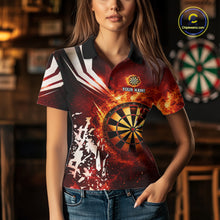 Load image into Gallery viewer, Woman wearing a red fire dartboard darts jersey front view.