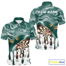 Load image into Gallery viewer, Green marble swirl darts polo shirt for men with custom darts team graphics.