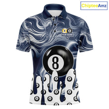 Load image into Gallery viewer, Blue marble swirl 8 ball and 9 ball billiard polo shirt for men with custom pool team graphics.