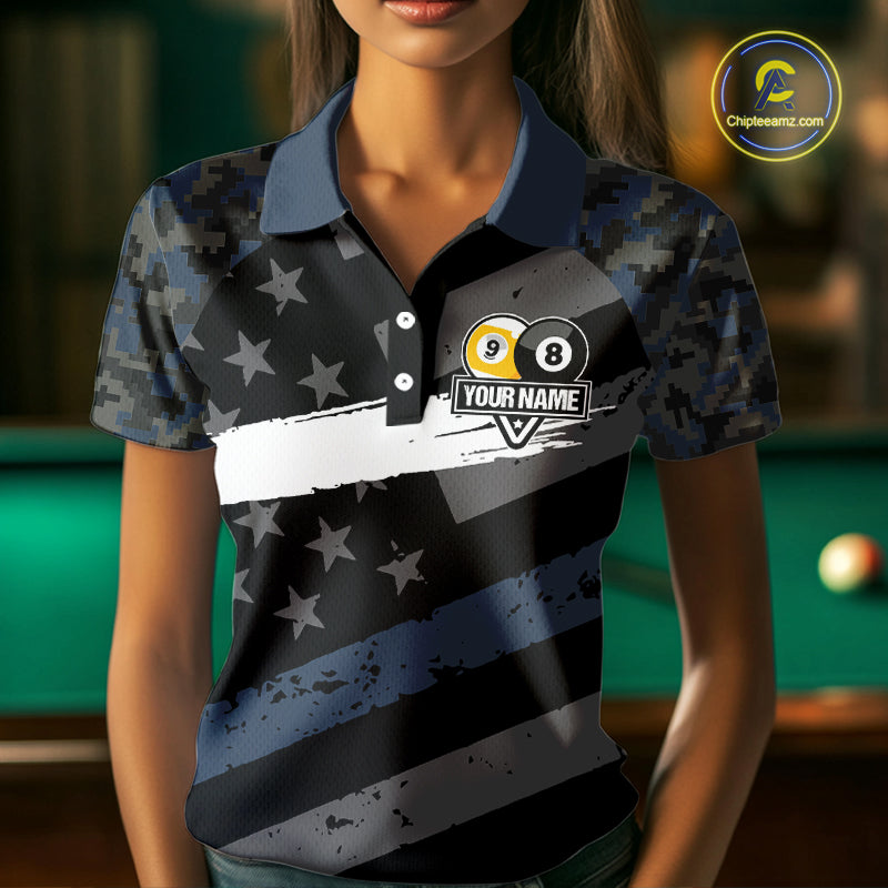 Blue Camo US Flag 8 Ball & 9 Ball Pool Jersey For Women Custom Billiard Team Shirt Polo & 1/4 Zip TDM5035
