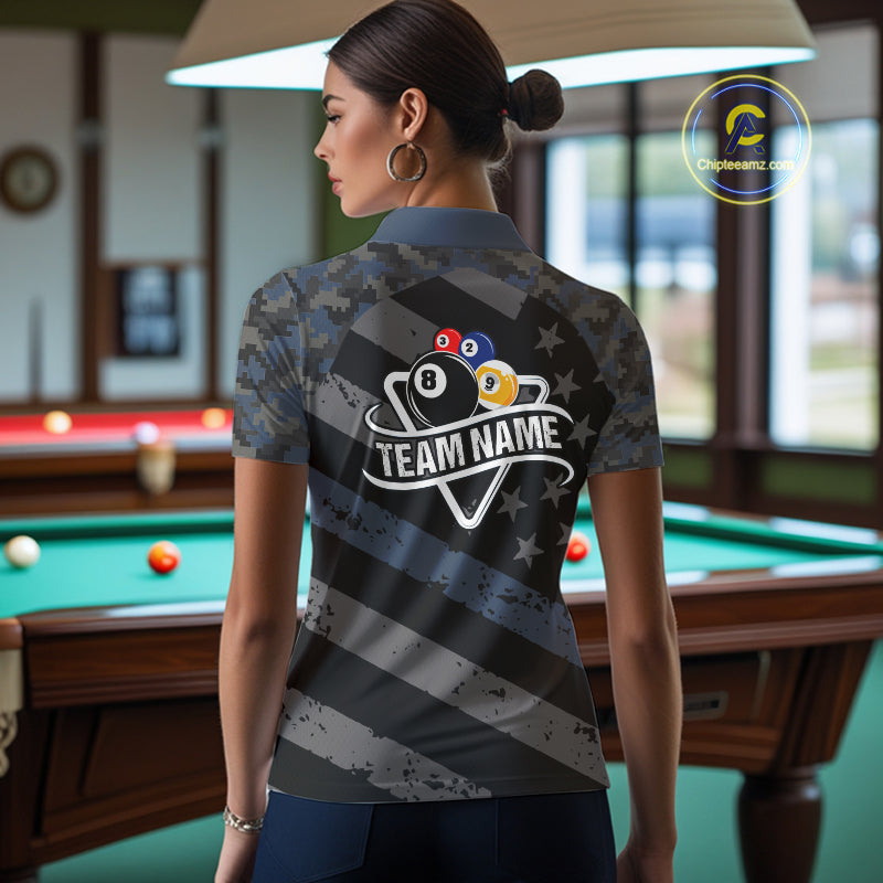 Blue Camo US Flag 8 Ball & 9 Ball Pool Jersey For Women Custom Billiard Team Shirt Polo & 1/4 Zip TDM5035