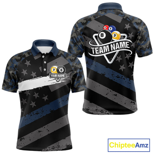 Blue Camo US Flag 8 Ball & 9 Ball Pool Jersey For Men Custom Billiard Team Shirt Polo & 1/4 Zip TDM5035