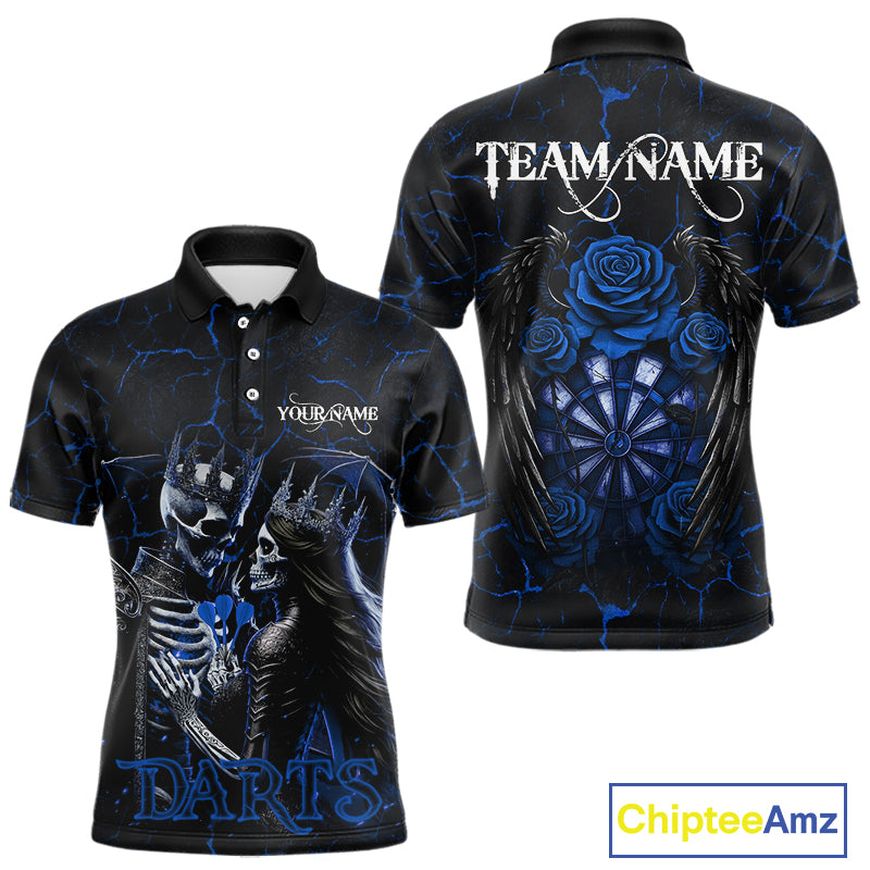 Personalized Skeleton Couple And Roses Gothic Darts Shirt For Men Custom Dart Jersey Outfit|Blue TDM5039