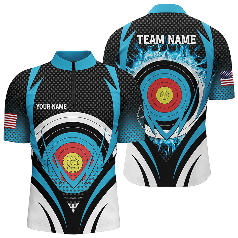 Blue Flaming Archery Target Board Custom Men Quarter-Zip Shirts, Archery Jerseys Uniform  TDM0609