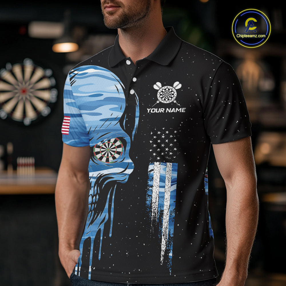 Blue Camo Skull American Flag Dart Shirt For Men Custom Patriotic Dart Jersey Team Polo & 1/4 Zip TDM5772