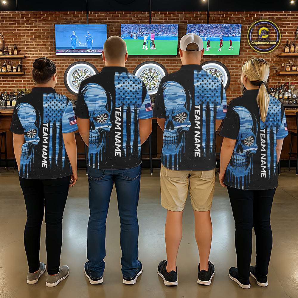 Blue Camo Skull American Flag Dart Shirt For Men Custom Patriotic Dart Jersey Team Polo & 1/4 Zip TDM5772