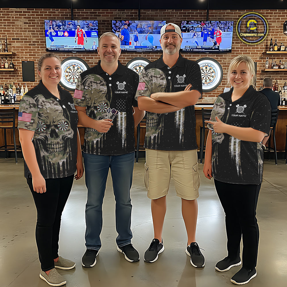 Black Grunge Camo Skull Us Flag Dart Shirt For Men Custom Patriotic Dart Jersey Team Polo, 1/4 Zip TDM5773