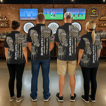 Black Grunge Camo Skull Us Flag Dart Shirt For Men Custom Patriotic Dart Jersey Team Polo, 1/4 Zip TDM5773