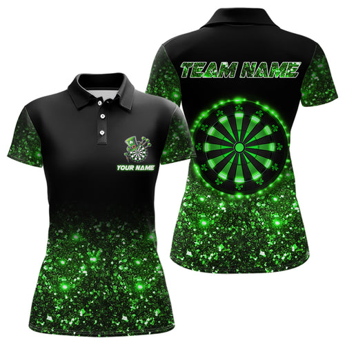 Custom Green Glowing Patrick Day Dart Shirts For Women, Shamrock Dart Jerseys TDM3612