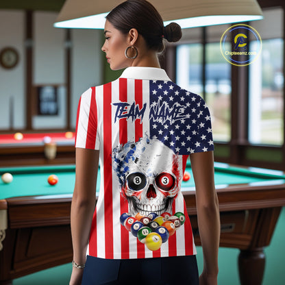 American Flag Grunge Skull Billiard Shirt For Women Custom Patriotic Pool Team Jersey Polo & 1/4 Zip TDM6132