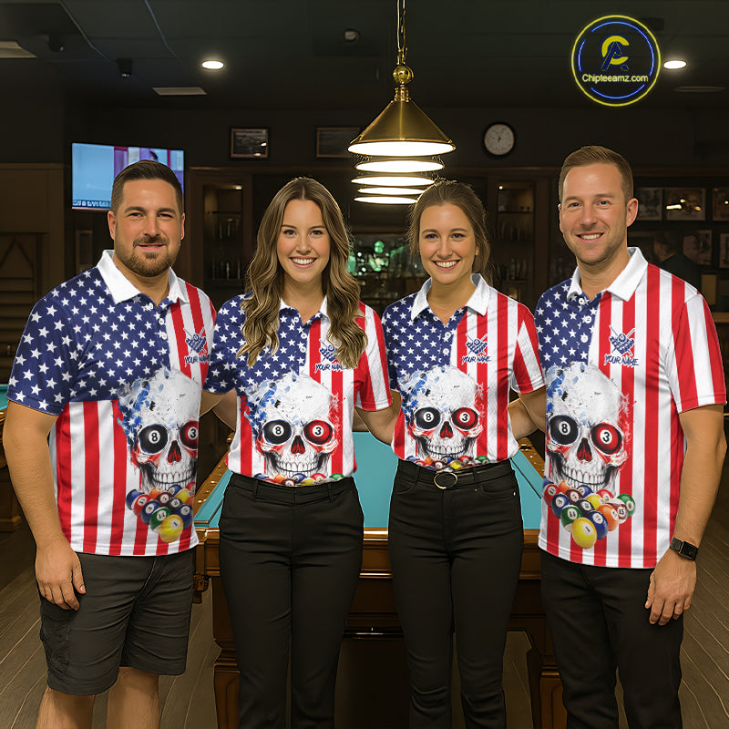 American Flag Grunge Skull Billiard Shirt For Men Custom Patriotic Pool Team Jersey Polo & 1/4 Zip TDM6132